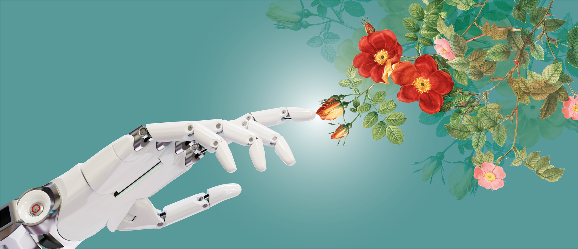 Grafika przedstawia rękę robota wyciągniętą w kierunku czerwonego kwiatu./A robotic hand extended towards a red flower.